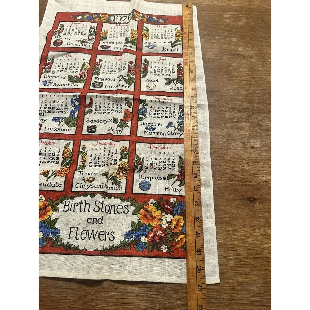 Vintage 1978 Printed Cloth Hanging Wall Calendar Tea Towel Birthstones & Flowers
